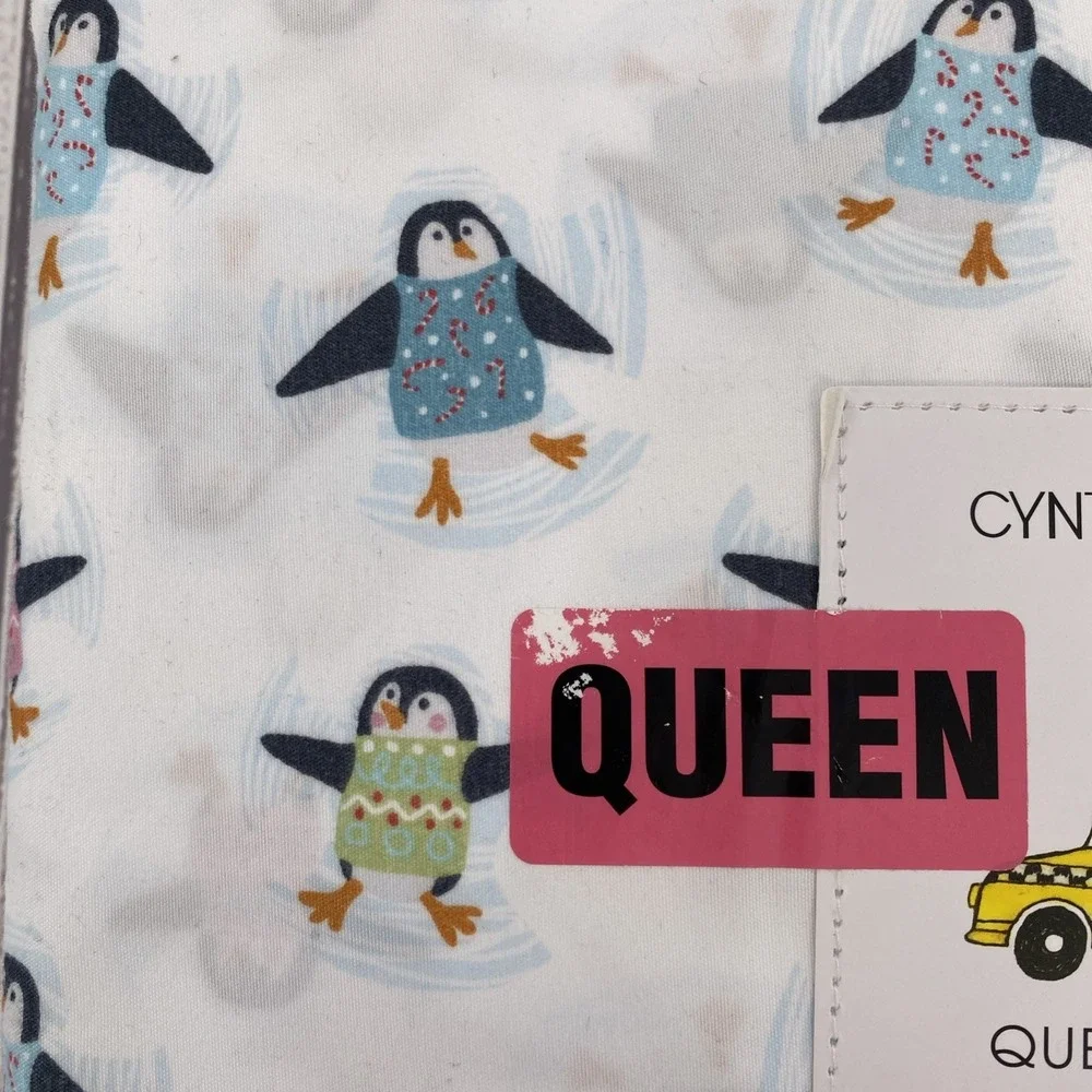 Cynthia Rowley Sheet Set QUEEN White Penguins Christmas Sweater Whimsical Soft